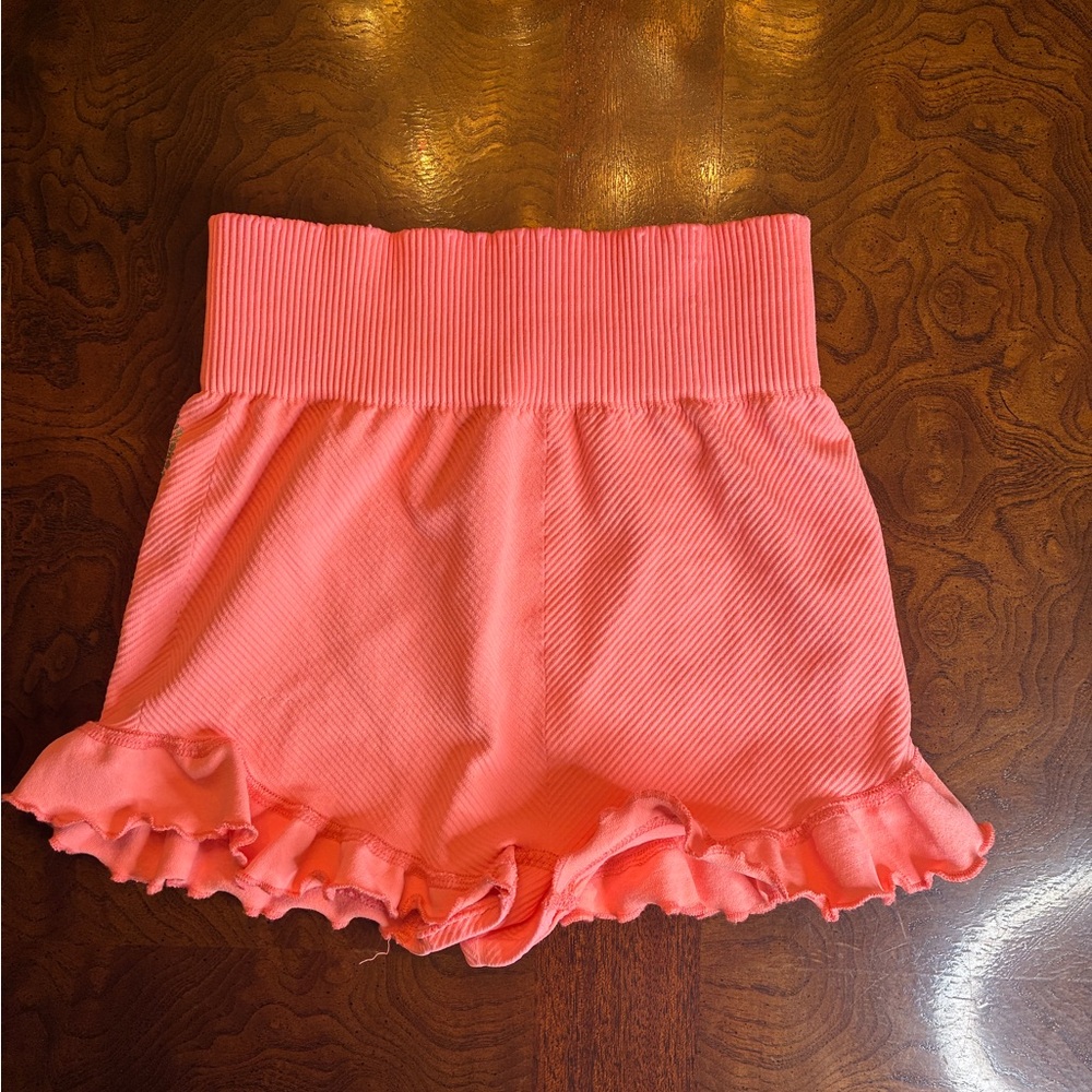 Free People Coral Pink Ruffle Hem Knit Shorts - Picture 2 of 3